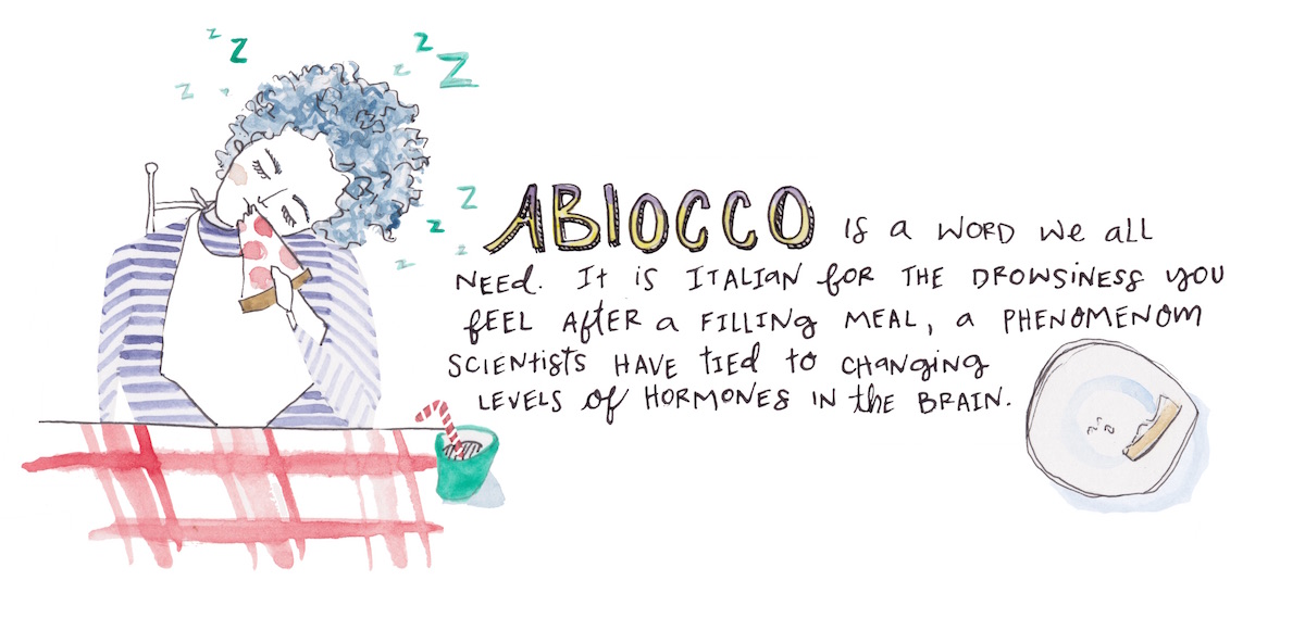 Abbiocco is a word we all need. It's Italian for the drowsiness you feel after a filling meal, a phenomenon scientists have tied to changing levels of hormones in the brain. 